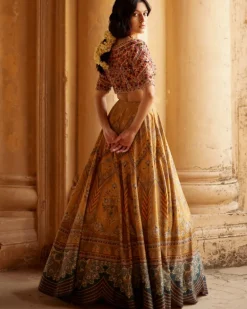 Beige Embroidered Blouse with Mustard Lehenga Set