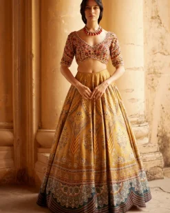 Beige Embroidered Blouse with Mustard Lehenga Set