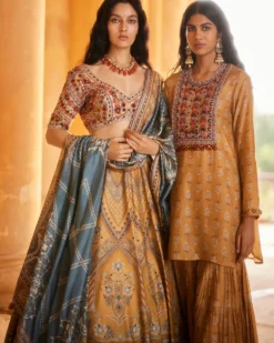 Beige Embroidered Blouse with Mustard Lehenga Set