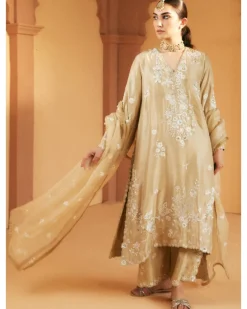 Beige Embroidered Kurta And Izaar Set