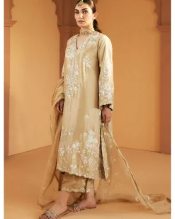 Beige Embroidered Kurta And Izaar Set