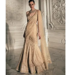 Beige Gold Fishcut Pre-Drape Sari Set