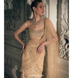 Beige Gold Fishcut Pre-Drape Sari Set