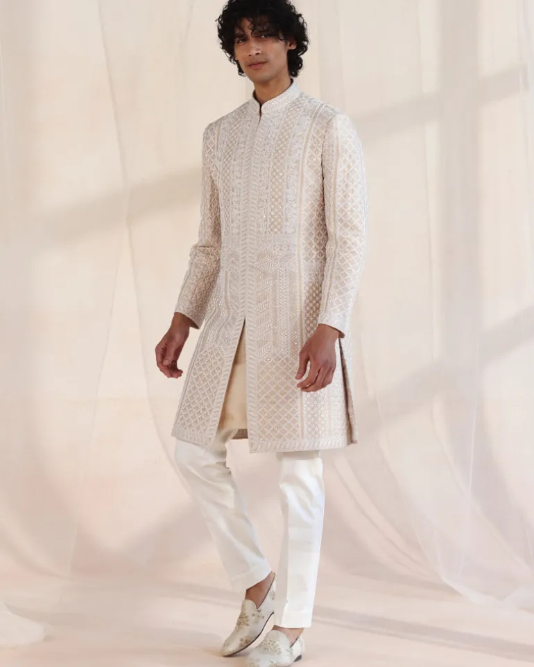 Beige Heavily Embroidered Sherwani Set