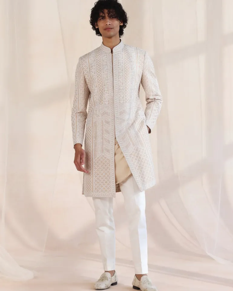 Beige Heavily Embroidered Sherwani Set