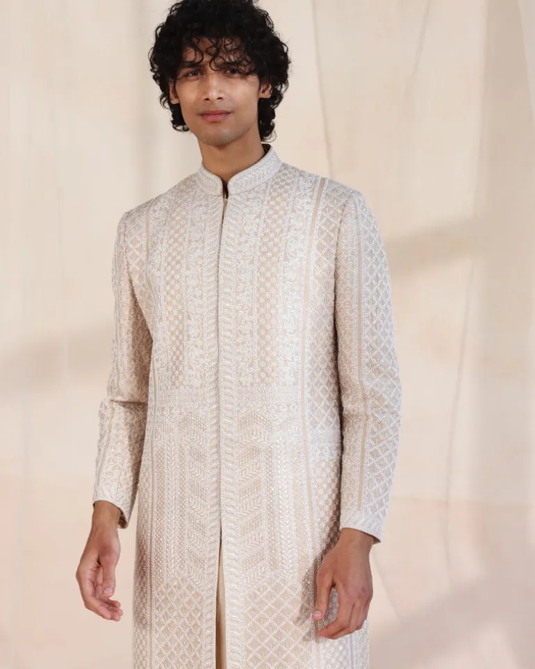 Beige Heavily Embroidered Sherwani Set