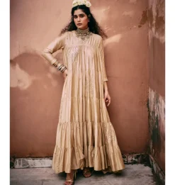 Beige Modal Embroidered Tiered Anarkali Set