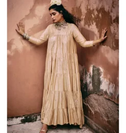 Beige Modal Embroidered Tiered Anarkali Set