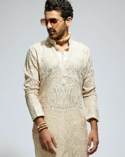 Beige Organza Embroidered Kurta Set