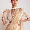 Beige Pearl Embellished Organza Sari Set