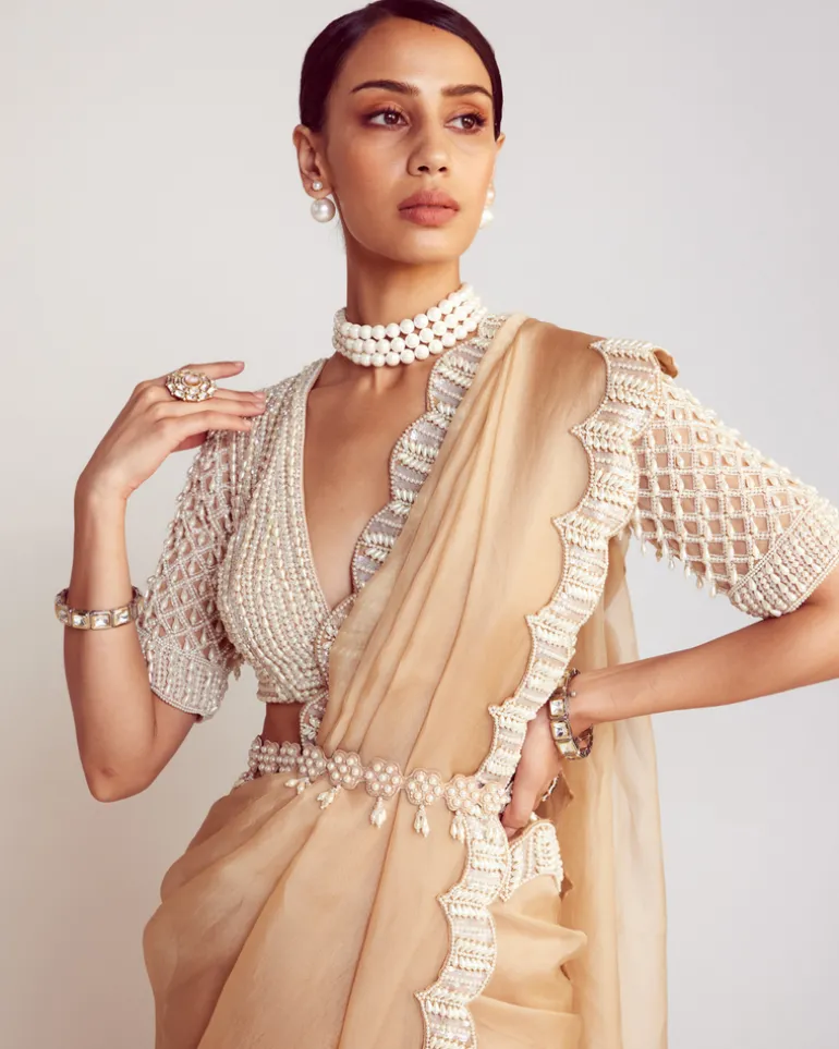 Beige Pearl Embellished Organza Sari Set