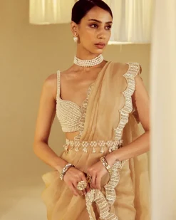 Beige Pearl Embellished Sari Set