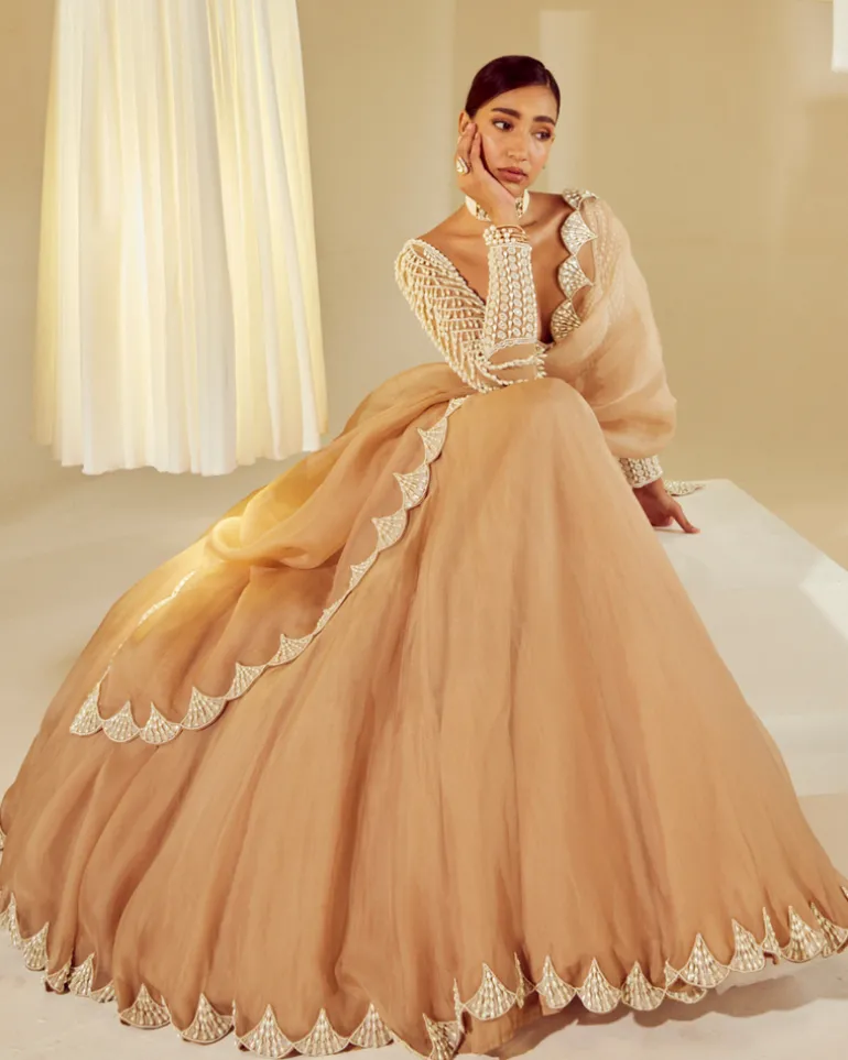 Beige Pearl Embellished Scalloped Lehenga Set