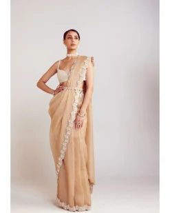 Beige Pearl Embellished Sari Set