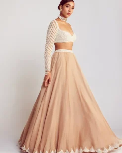 Beige Pearl Embellished Scalloped Lehenga Set