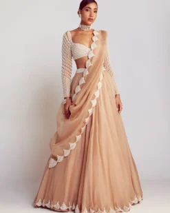 Beige Pearl Embellished Scalloped Lehenga Set