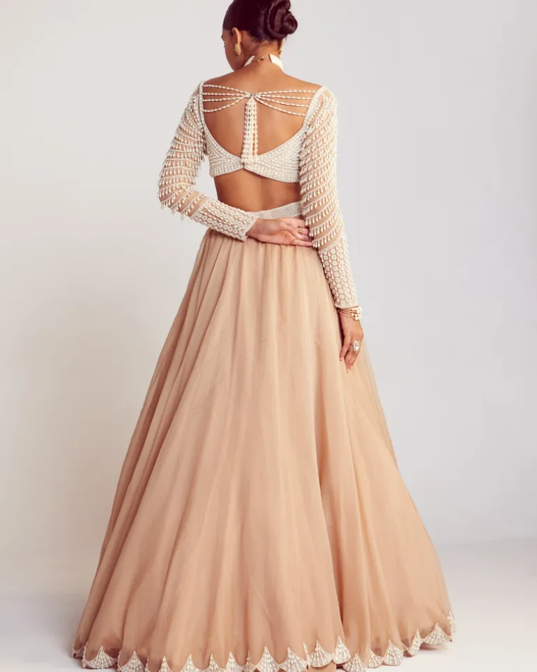 Beige Pearl Embellished Scalloped Lehenga Set