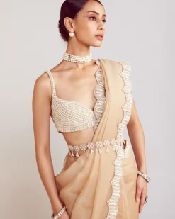 Beige Pearl Embellished Sari Set