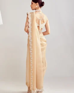 Beige Pearl Embellished Sari Set