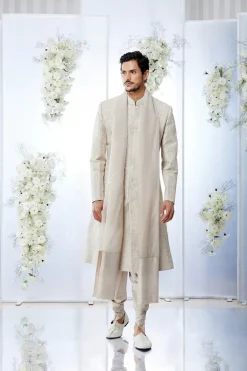 Beige Pink Sequin Embroidered Sherwani Set