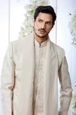 Beige Pink Sequin Embroidered Sherwani Set