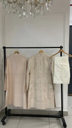 Beige Pink Sequin Embroidered Sherwani Set