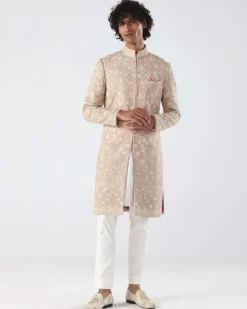Beige Pink Thread Embroidery Sherwani Set