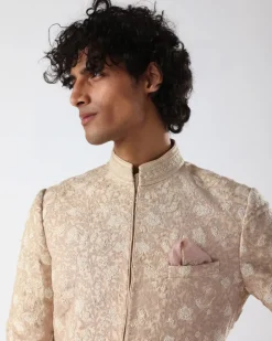 Beige Pink Thread Embroidery Sherwani Set