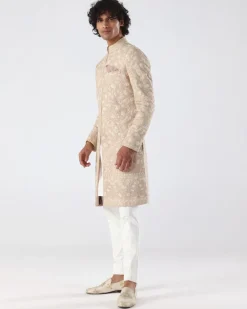 Beige Pink Thread Embroidery Sherwani Set