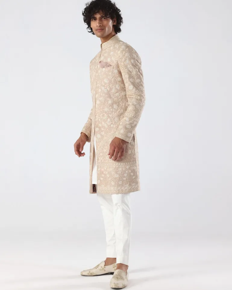 Beige Pink Thread Embroidery Sherwani Set