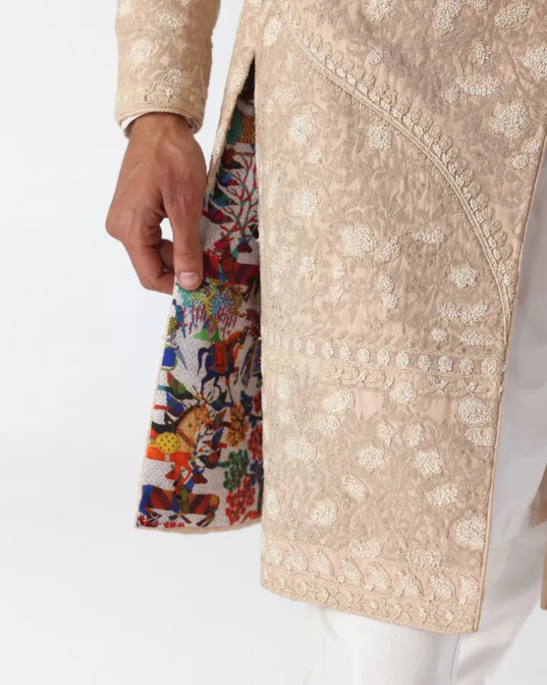 Beige Pink Thread Embroidery Sherwani | Sample Sale