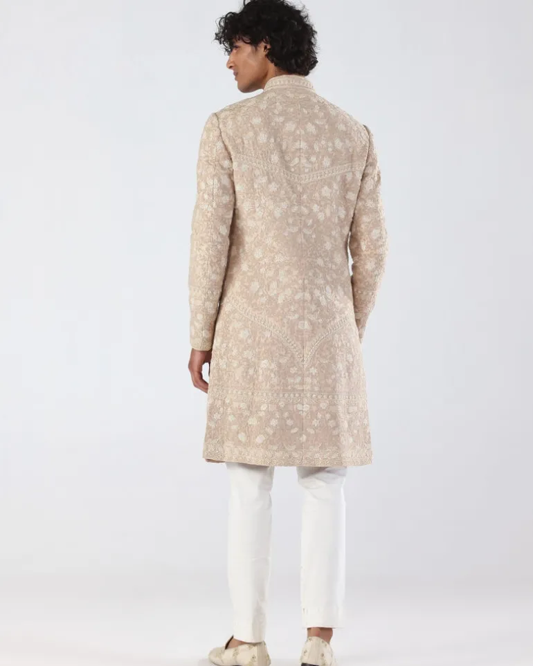 Beige Pink Thread Embroidery Sherwani | Sample Sale