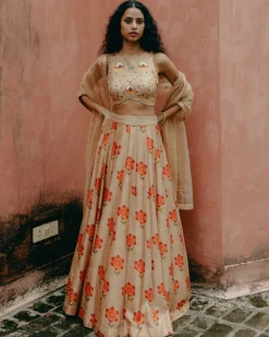 Beige Printed Kali Lehenga Set
