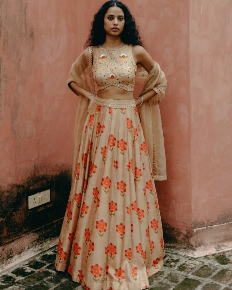 Beige Printed Kali Lehenga Set