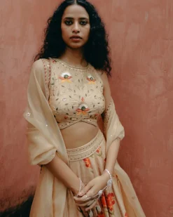 Beige Printed Kali Lehenga Set