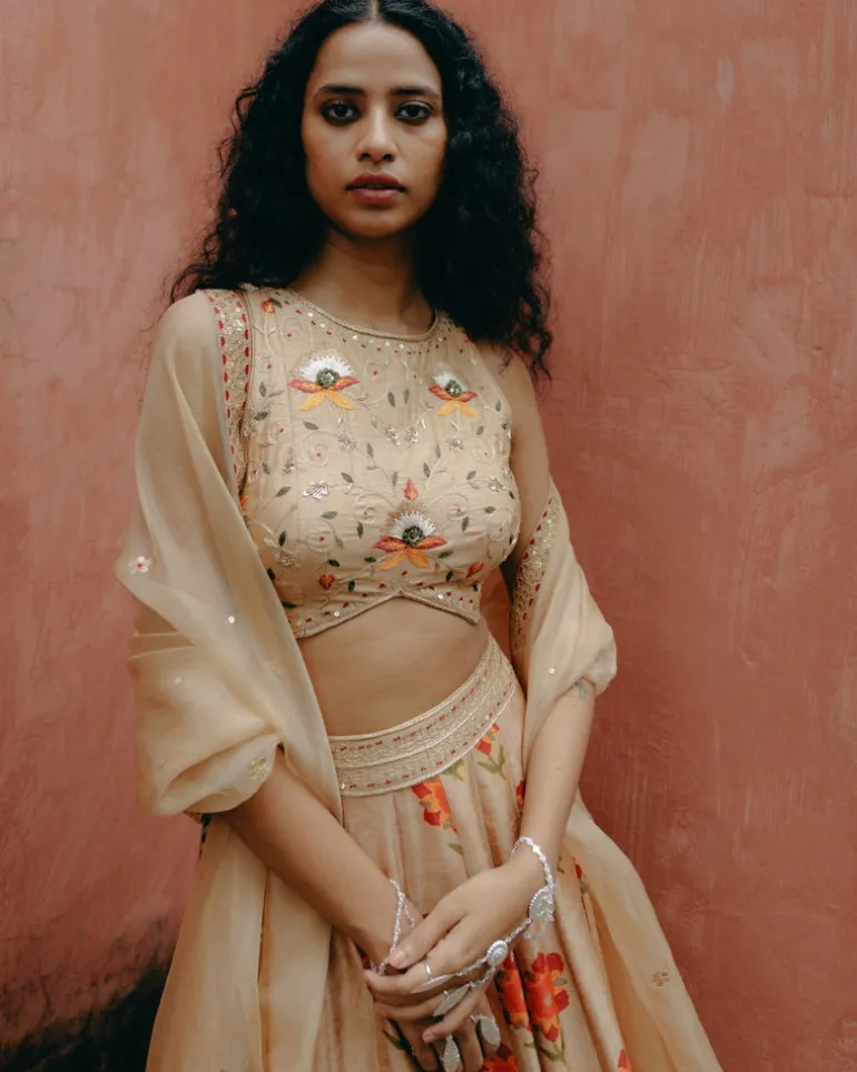 Beige Printed Kali Lehenga Set