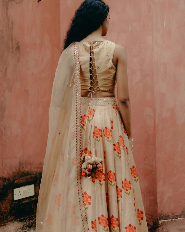 Beige Printed Kali Lehenga Set