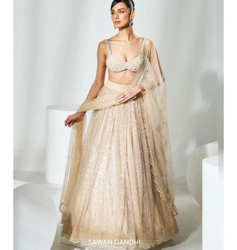 Beige Sequins Lehenga Set