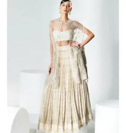 Beige Sequins Mirror Work Lehenga With Cape Set