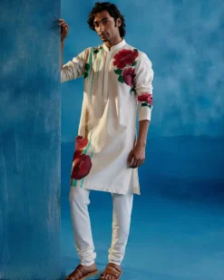 Beige Silk Chanderi Hand-Painted Kurta Set