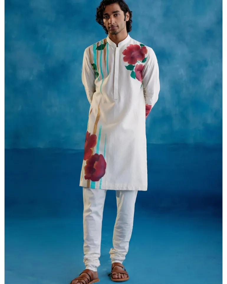 Beige Silk Chanderi Hand-Painted Kurta Set