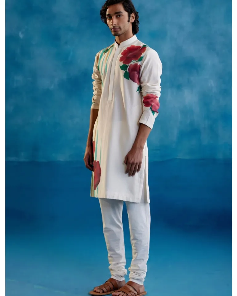 Beige Silk Chanderi Hand-Painted Kurta Set