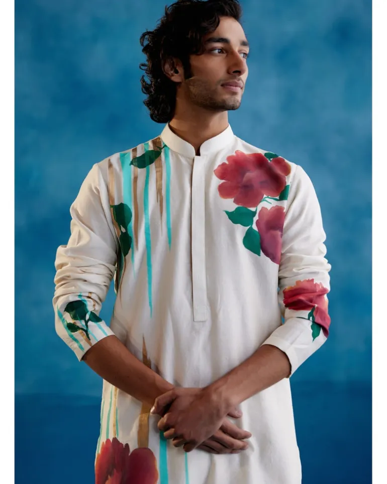 Beige Silk Chanderi Hand-Painted Kurta Set