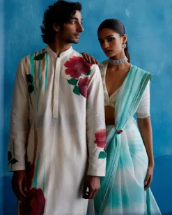 Beige Silk Chanderi Hand-Painted Kurta Set