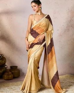 Beige Stripe Foil Sari Set