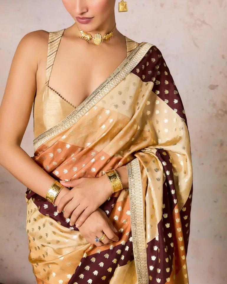 Beige Stripe Foil Sari Set