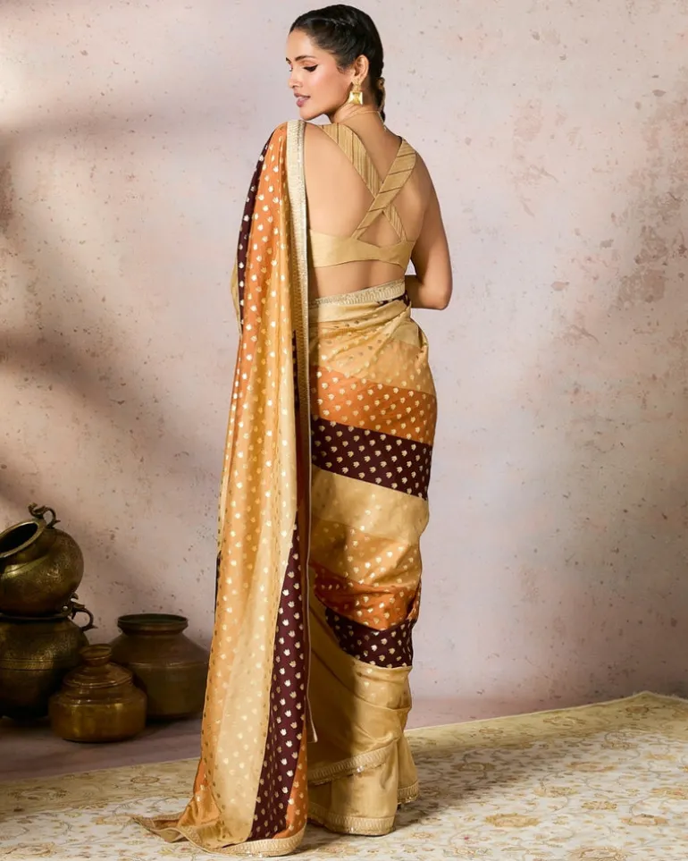 Beige Stripe Foil Sari Set