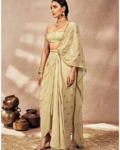 Beige Timber Tribe Drape Sari Set