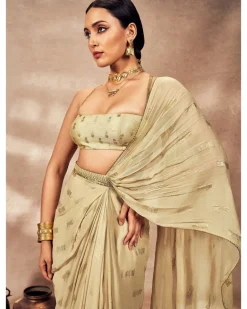 Beige Timber Tribe Drape Sari Set