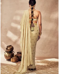 Beige Timber Tribe Drape Sari Set